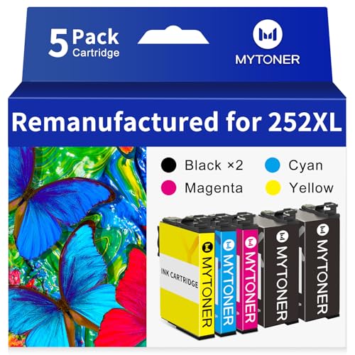 MYTONER 252XL Remanufactured Ink Cartridge Replacement for Epson 252XL Ink Cartridges for Workforce WF-3640 WF-3630 WF-3620 WF-7620 WF-7710 WF-7720 Printer (Black Cyan Magenta Yellow,5-Pack)