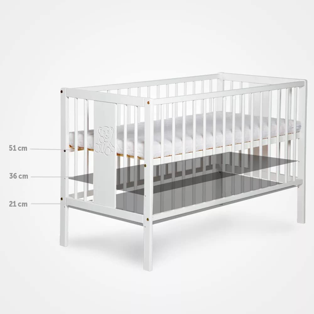 Lit Tany Blanc 120 x 60 cm - Lit bébé avec sommier à Lattes 3 Niveaux réglables en Hauteur - Bois de pin laqué