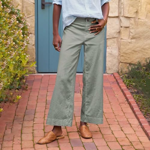 Cropped Linen Pants Women Wide Leg Casual Baggy Linen Beach Pants High Waisted Gauze Work Pant Bootcut Crop Trousers2