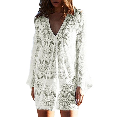 Garsumiss Damen Spitzen Bluse Sommer Strandponcho Kittel Langarm-Spitze Überwurf Kaftan Bademode Lace Strandkleid Cover Up Boho Häkeloberteil Spitze weiß