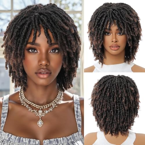 Creamily Perruque Dreadlock tressée pour femmes noires, perruque synthétique courte brune bouclée afro tressée torsadée pour femmes noires (noir à marron)