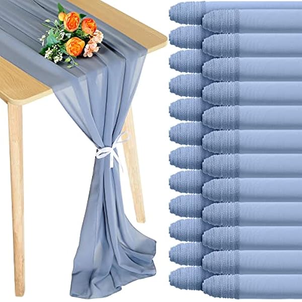 24-pack stoffige blauwe chiffon tafellopers, romantische pure tafeldecoratie, lange tule loper voor bruiloft bruids douche feestbenodigdheden decor, 118 x 12 inch