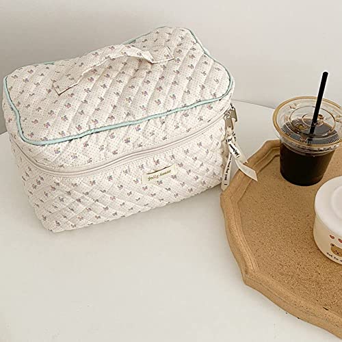 Ormein Floral Cotton Makeup Bag Large Travel Cosmetic Bag Quilted Cosmetic Pouch Coquette Aesthetic Floral Toiletry Bag For Ladies Girl Multifunction Storage Bag (Beige) #TOP3