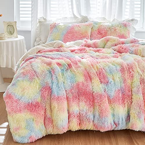 3-teiliges Plüsch-Shaggy-Bettdecken-Set, King-Size, Luxus-Kunstfell-Flauschiges Bettwäsche-Set, ultraweiches und warmes Bettwäsche-Set für den Winter (1 Bettdecke + 2 Kissenbezüge, Regenbogen) Cover