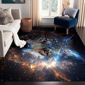 5' x 7' Galaxy Wolf Rug Fierce Animal Area Rugs Washable Funny Non Slip for Kids Bedroom Living Room Throw Rugs Carpet Durable Floor Mats Door Pad Home Decor 150x210cm Wolf 02 5' x 7' (Recta