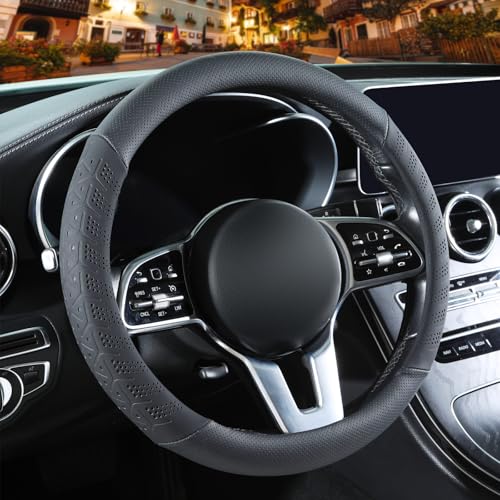 Binsheo 3D Premium Skin-Feel Leather Small Car Steering Wheel Cover Anti-Slip Breathable Soft Slim Design 13.5 inch to 14 inch Black