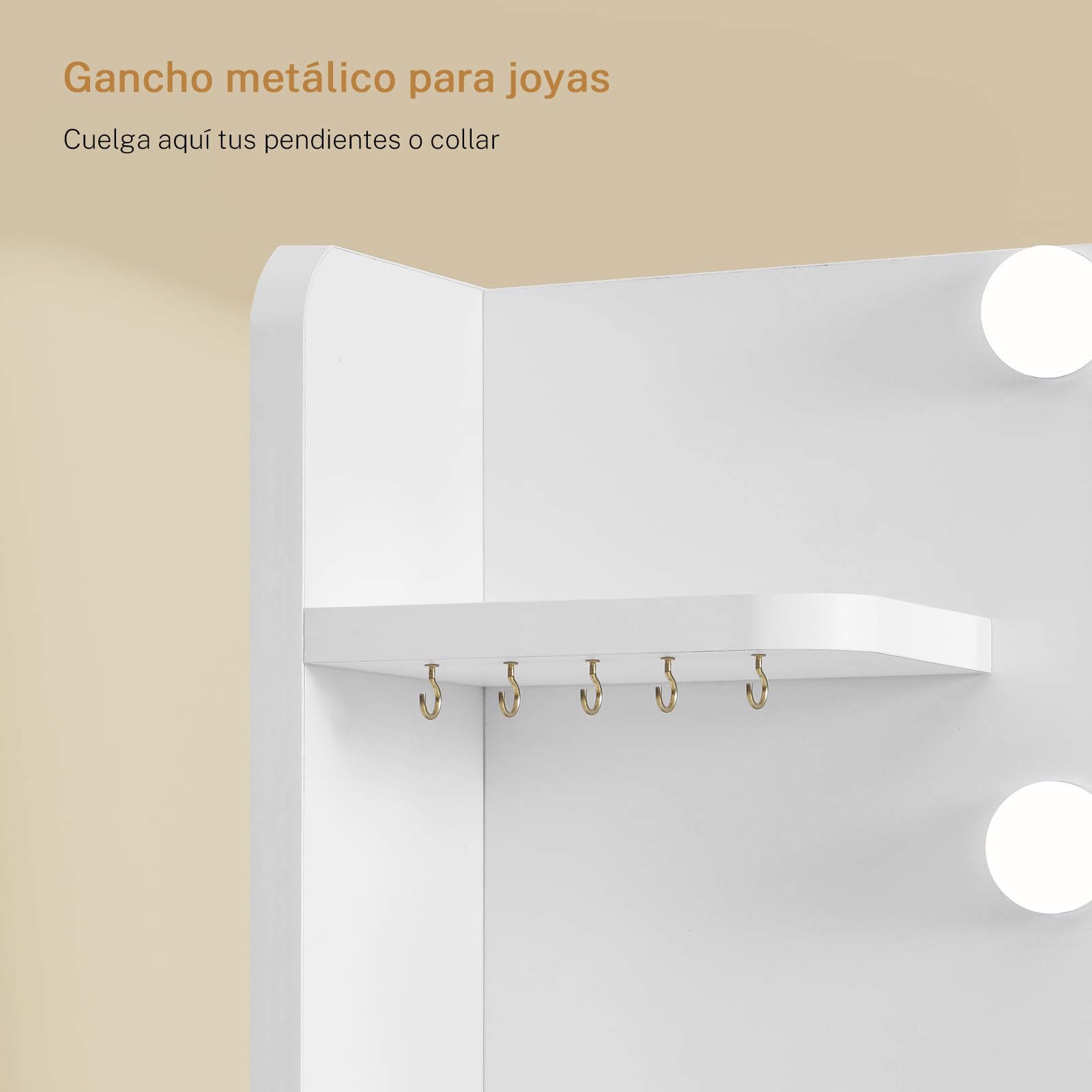 Mesa de Maquillaje con Luces y Espejo, Tocador Blanco con 4 Cajones y Estantes
