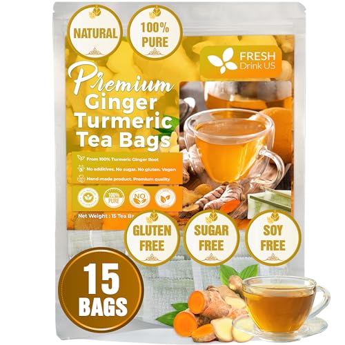 FreshDrinkUS, Premium 15 Ginger Turmeric Tea Bags, 100% Natural Ingredients,