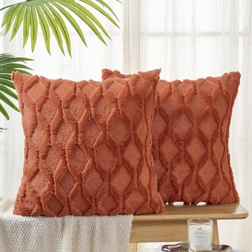 Volcanics Pack of 2 Faux Wool Burnt Orange Throw Pillow Covers 20x20 Inches Decorative Farmhouse Velvet Couch Pillow Case Soft Plush Square Boho Cushion Pillowcase