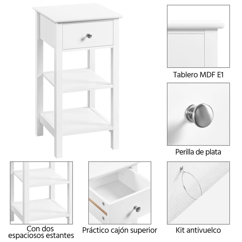 Yaheetech Mesita de Noche Alta Blanca Mesilla de Noche de Madera MDF con 1 Cajón y 2 Estantes Mesa Auxiliar para Sofá Dormitorio 35×35×70cm