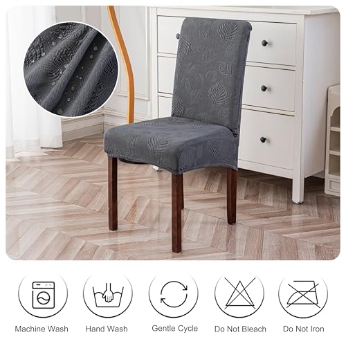 Image of Genina Waterproof Dining Chair Cover Set of 8,Kitchen Chair Cover,Dark Grey | Stretch Dining Room Chair Slipcovers with Leaf Jacquard,Removable Kitchen Chair Protector for Home,Restaurant,Banquet