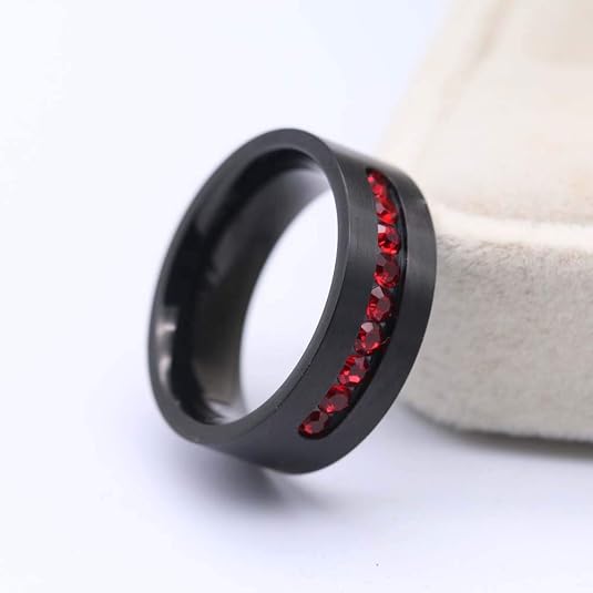 His And Hers Couple Ring Set - 3pc Women's Black Gold Filled & Men's Stainless Steel, Red CZ