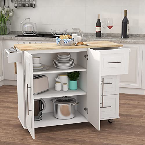 Rasoo Kitchen Island With Drop-Leaf Rubber Wood Top Kitchen Cart With Storage Cabinet And Drawers Island Table For Kitchen With Towel Rack & Bottle Rack, White, 43.7"X16.93"X36.02"(Lxwxh) (White) #TOP1