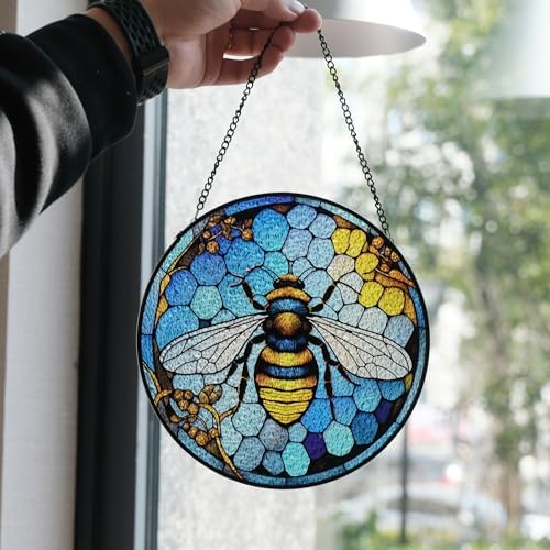 Stained Glass Style Suncatcher Bee Spring Insect Window Hanging Decor, Acrylic Jigsaw Puzzle 7.4 in, 83 Pieces Irregular Pieces, DIY Puzzle with Chain, Summer Holiday Gifts for Women