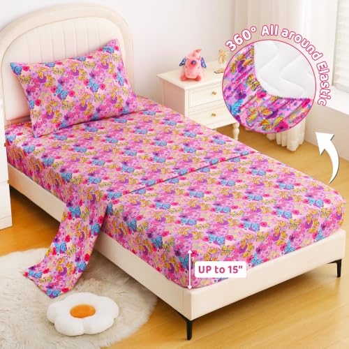 Image of Viviland 3 Pieces Girls Butterfly Twin Sheet Set - Soft Microfiber Fitted Flat Sheets & Pillowcase Bed Sheet Set - Pink Butterfly Bedding Sets for Kids
