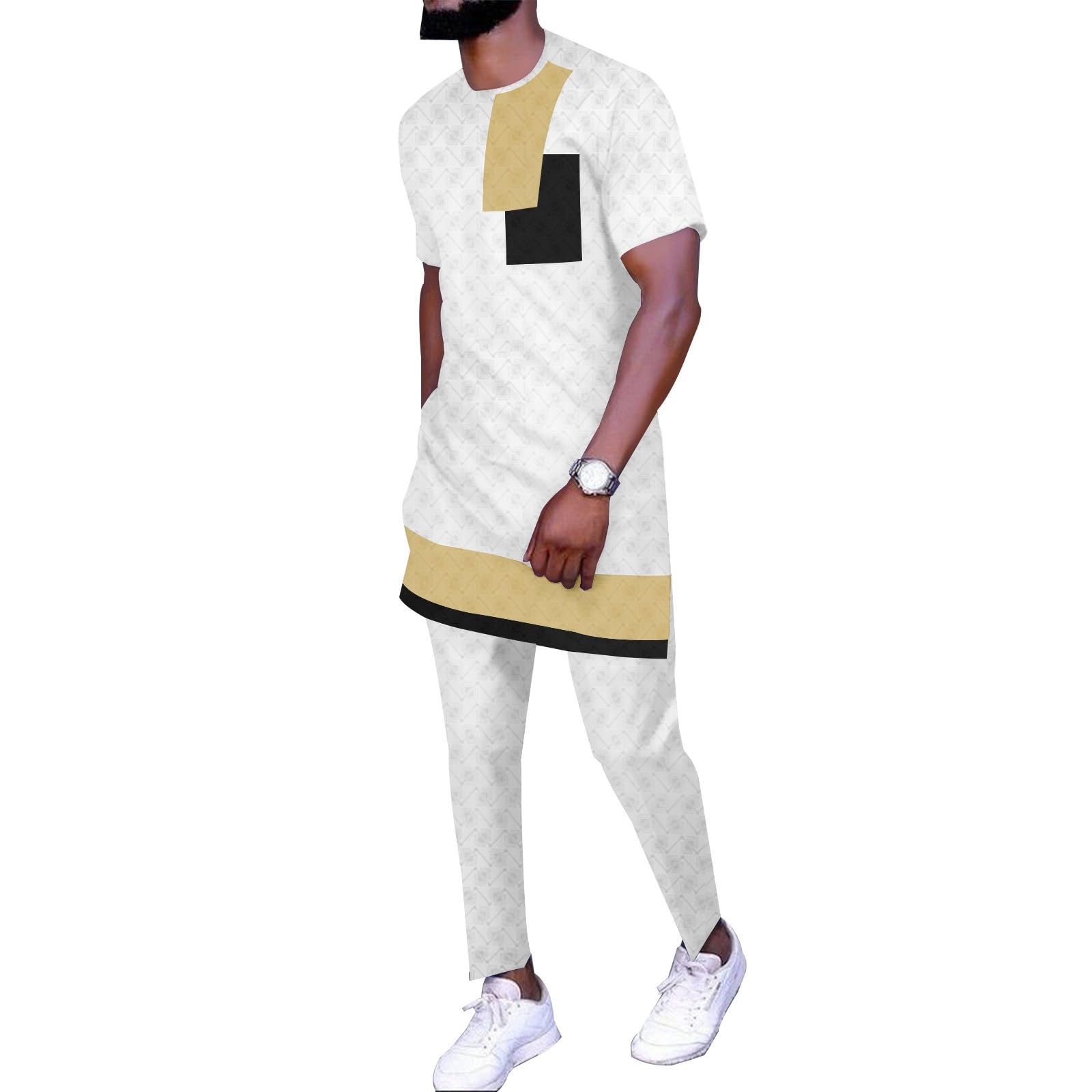 0XBIT Abito Da Uomo 2 Pezzi Set Di Camicie E Pantaloni A Maniche Corte Abiti Dashiki Abbigliamento Tribale Tuta Casual(Style2_Medium)