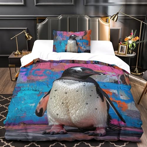 Housse de couette pingouin microfine lit 1 place parure imprimée 3D haute définition