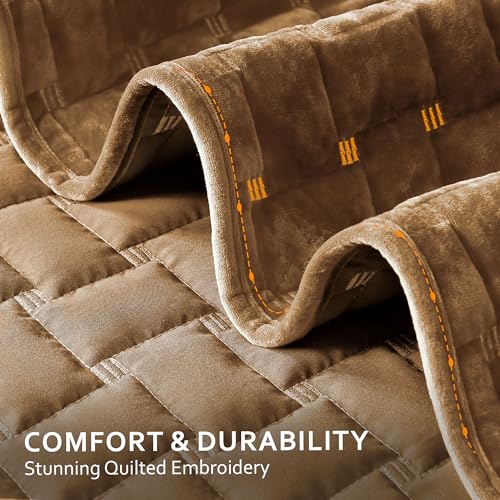 Image of Grassix Velvet Quilt Set Queen Size, Luxury Geometric Design, Gold Caramel