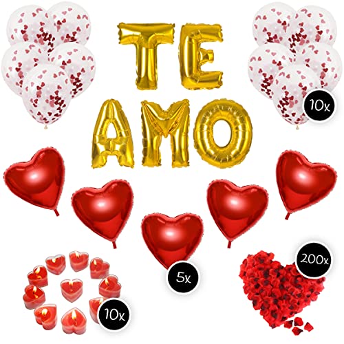 Romantische Dekoration | "Te Amo" Girlande, Luftballons in Herzform, Teelichter, Rosenblätter | XXL Dekorations Set für Valentinstag, Hochzeit oder Verlobung Cover