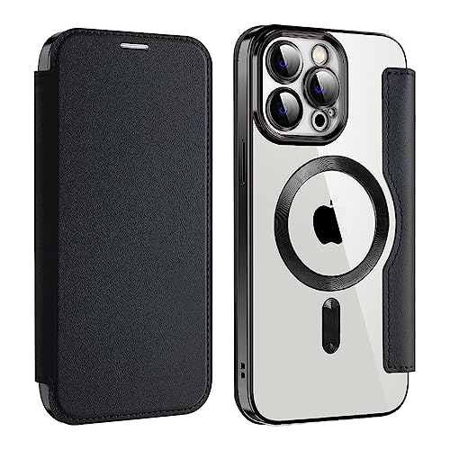 MuZiF iPhone 15 Pro Max 用 ケース 手帳型 クリア Magsafe対応 背面 透明 高級なPUレザー 永久磁石 マグネット スマホケース カード収納、人気財布型 カバー 軽量 アイフォン15 Pro Max 用 手帳カバー (iPh