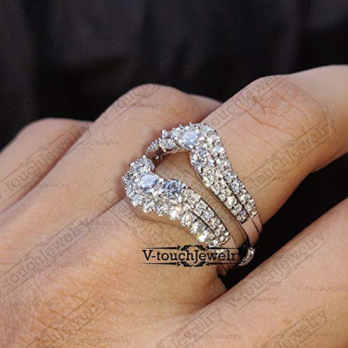 V Touch Round Cut D/VVS1 Diamond Engagement Enhancer Double Wedding Band Guard Ring for Women 14K Gold Plated 925 Sterling Silver3