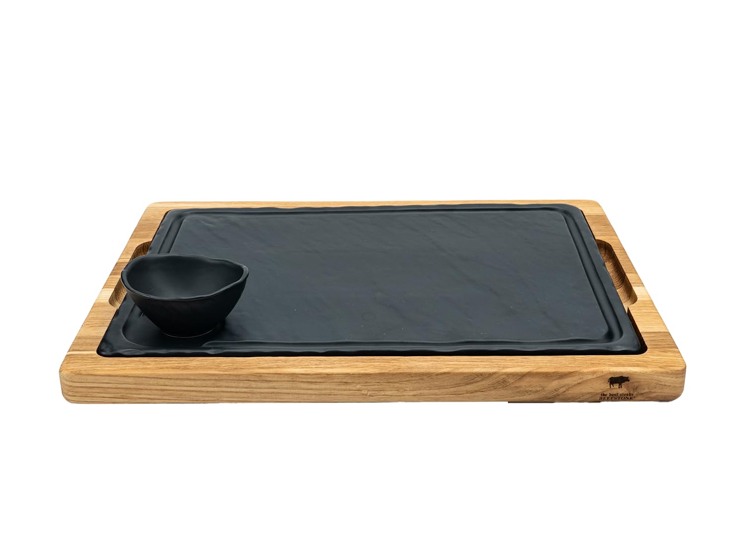 Plato para servir con tabla de roble, 1 plato de porcelana y 1 cuenco de porcelana con aspecto de pizarra