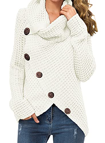 GRECERELLE Women's Solid Color Chunky Button Pullover Sweater Turtle Cowl Neck Asymmetric Hem Knit Sweater White-Medium GRECERELLE Women's Solid Color Chunky Button Pullover Sweater Turtle Cowl Neck Asymmetric Hem Knit Sweater White-Medium