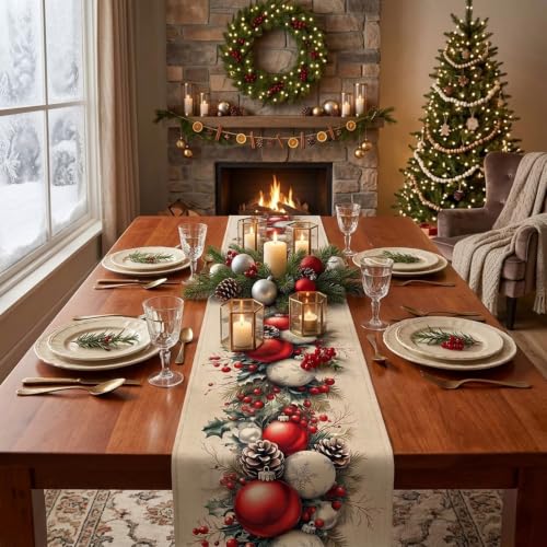 YOPINCO Christmas Table Runner 13 x 72 Inch, Holiday Table Decor with Christmas Ball & Pinecone Design