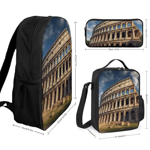 3 Piece Backpack for Women Men Lightweight Causal Daypack Shoulder Bag Set with Insulated Lunch Bag And Pencil Case Organizers Ancient Architecture2