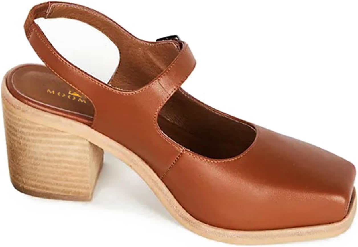 MOOMMO Women Block High Heel Slingback Mary Jane Pumps Tan Platform Square Toe Ankle Buckle Strap Closed Toe Sandals 3 Inch Stacked Chunky Heel Dress Pumps Matte Retro Cute Brown 7.5 M US - Image 5