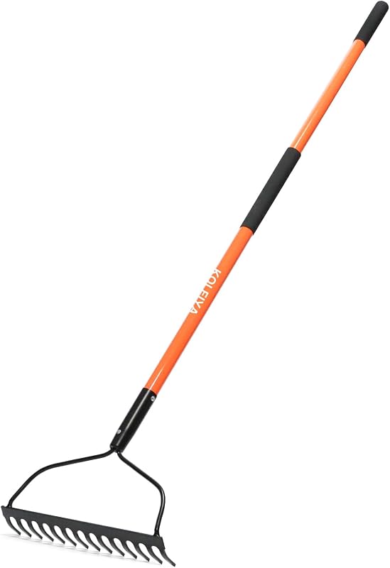 57" Heavy Duty Garden Rake – 14-Tine Bow Rake with Fiberglass Handle, for Soil Leveling, Mulch Spreading, Lawn Care & Debris Cleanup