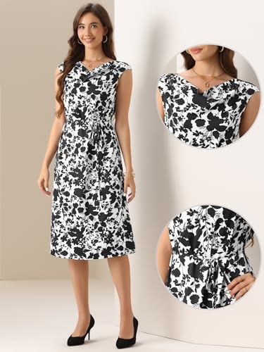 Image of Allegra K Elegant Floral Dress for Women's Vintage Cowl Neck Cap Sleeve Cocktail Tie Waist Shift Midi Dress