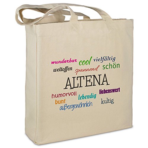 Stofftasche mit Stadt/Ort "Altena " - Motiv Positive Eigenschaften - Farbe beige - Stoffbeutel, Jutebeutel, Einkaufstasche, Beutel Cover