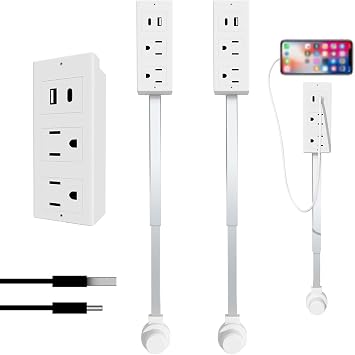 Extendable Socket with USB-A, USB-C and 2 AC Outlets, Extends from 45 to 70 cm and Rotates 180, ETL/UL Certified, for Sofa, Bedside and Desk