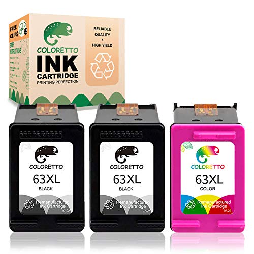 COLORETTO Remanufactured Printer Ink Cartridge Replacement for HP 63XL to use with Envy 4520 4516 Officejet 5255 5258 4650 3833 DeskJet 1112 3632 2130 3638 (2 Black+1 Color) Combo Pack