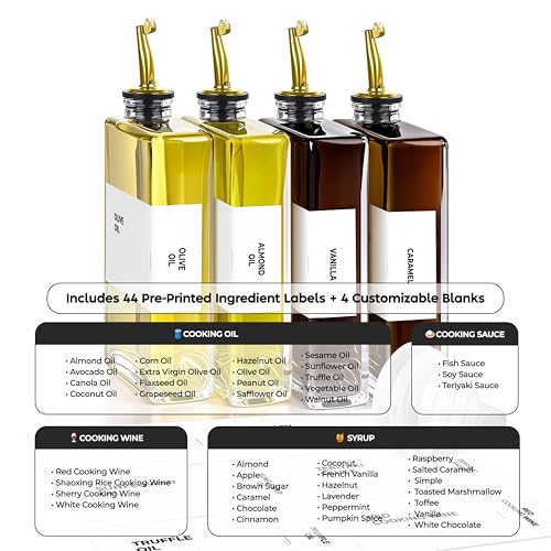 Spaceneat Olive Oil Dispenser Bottle - Includes 44 Kitchen Essential Labels - Cooking Oil Bottles for Kitchen, Coffee Syrup Dispenser - Pourer Spout with 11.8 fl oz Glass Container Cruet - 4pcs, Gold - Thumbnail 2