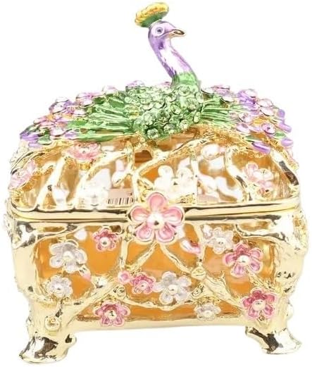 HUFFA Peacock Art Ring Jewelry Box - Elegant Metal Enamel Storage Container for Home Decoration(White)