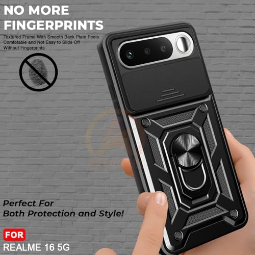 Image of Armor Bumper Back Cover Case for Realme 16 5G | Rotating Camera Cover, Ring Holder & Kickstand | Heavy Duty & 360 Degree Protection Realme 16 5G Back Cover (Black)