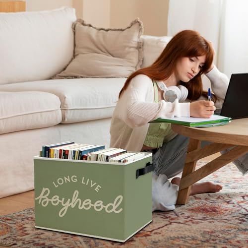 Image of Long Live Boyhood Boys Storage Bins Box with Handles, Green Collapsible Basket Organizer for Kids Teen Boy Nursery Room Bedroom Bathroom Playroom Books Clothes