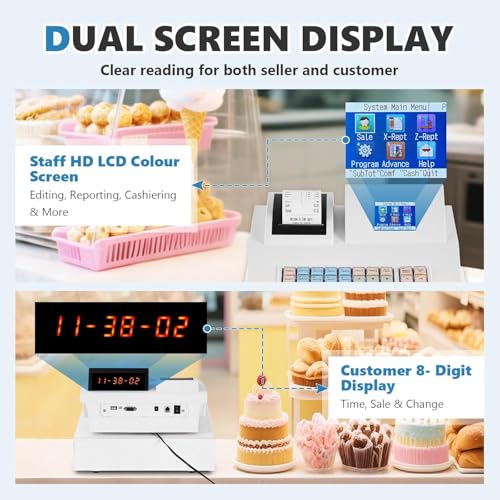 MABAOHENG Elektronische Registrierkasse mit 58 mm Thermodruck Kasse für den Handel mit LED Kundenanzeige Smart-Kassensystem Einzelhandel mit Kassenschublade für Gastronomie/Einzelhandel (English)