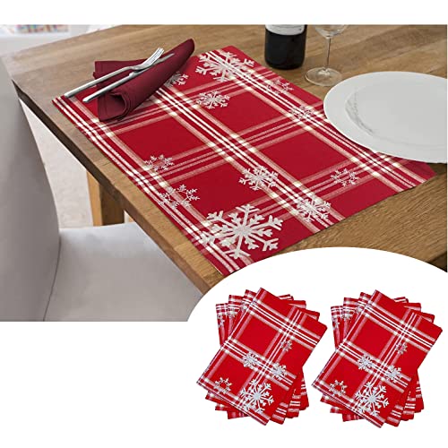 KOVOT Set of 8 Winter Snowflake Placemats | Christmas Holiday Table Decor | Red & White with Foil Accents Snowflake Place Mats (17