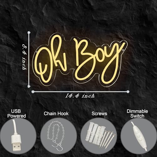 Image of Neon Sign USB Powered for Baby Shower Party Wall Decor, Oh Boy Neon Light Up Sign for Baby Shower Backdrop, White Plastic Neon Sign with Mounting Hardware