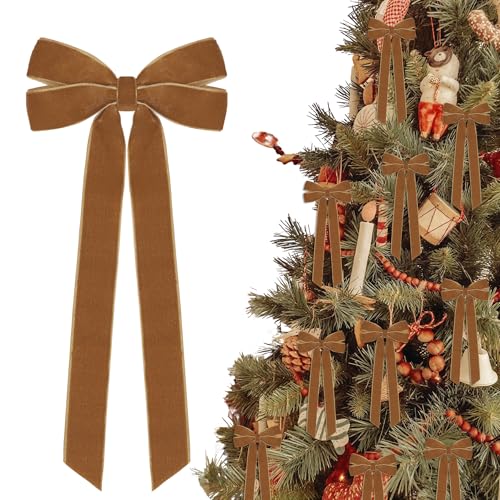 12Pcs Vintage Velvet Ribbon Bows Christmas Tree Decorations,5in x 10in Brown Xmas Ornaments for Tree Home Party Front Door Wreath Holiday Decor