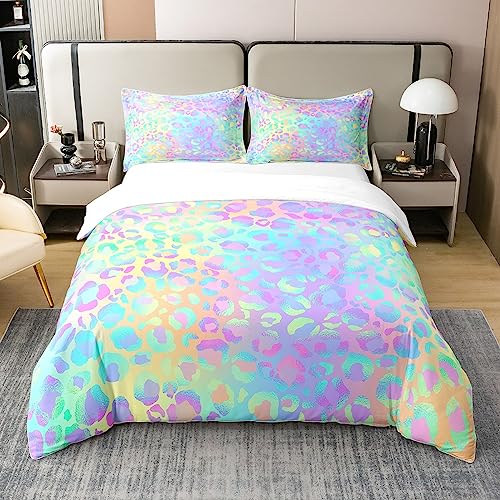 Leopard 100% Cotton Duvet Cover Cheetah Print Rainbow Bedding 100% Cotton Set Modern Leopard Design Colorful for Kids Room Decor Lightweight Quilt Cover with 1 Pillowcases 2Pcs Bedding Single Zipper