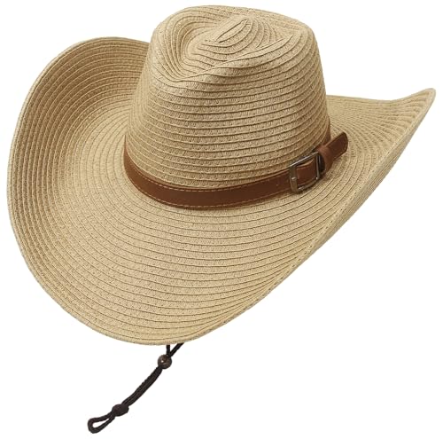 EOZY Packable & Oversized 5.12" Brim Straw Cowboy Cowgirl Sun Hat for Women Men Summer Beach Sun Hat with Chin Strap/Light Coffee