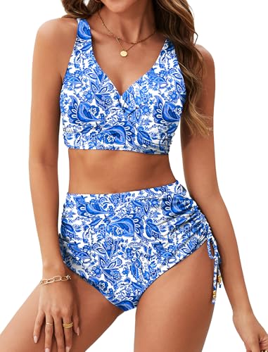Ladies Plus Size Bikini Tummy Control Full Coverage Bathing Suits Sets Summer Vacations Bathing Suit Blue Willow Print 22W