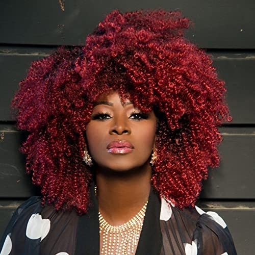 ANNIVIA Afro Kinky Curly Wigs with Bangs for Black White Women Short Kinky Curly Hair Wig Bouncy Curly Wig 14inch (Ombre Red 1B/99J)