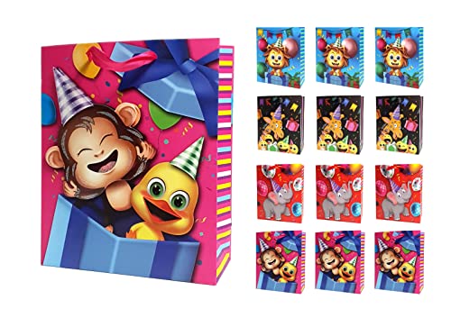 Image of Crackles Cartoon Animals Printed Paper Bags for Gifting Eco Friendly Gift Paper Bags with Handles (Pack of 12)