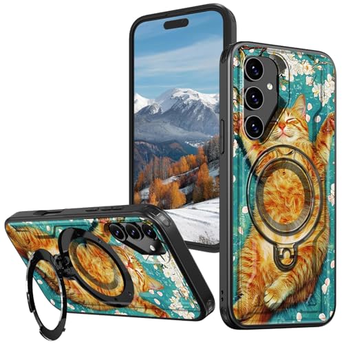 Heavy Duty Case for Samsung Galaxy A16 5G, Dual-Layer Rugged Protective Cover with 360° Rotating Ring Kickstand, Military-Grade Shockproof Full Body Case for Galaxy A16 5G, Orange Cat Flower