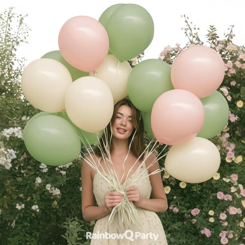 Image of Pink and Green Balloons 12 Inch 67PCS White Sage Green Balloons Latex Helium Balloon Set for Anniversary Wedding Birthday Party Decorations